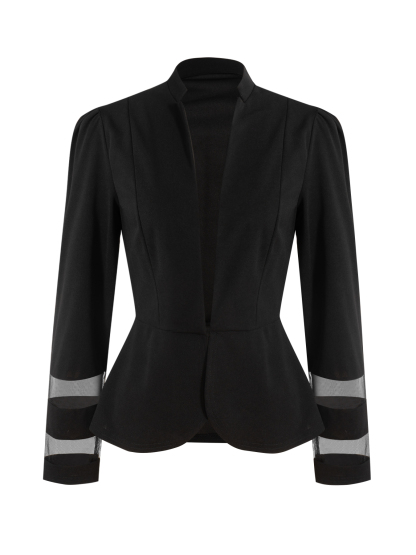 Woman's Black Stand-Collar Waist-Fitted Blazer | Cuff Sheer Mesh Panel Office Suit Jacket-Aegean-sea
