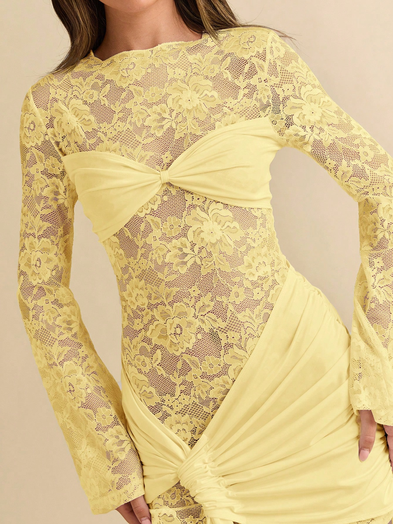 Woman's Light Yellow Lace Long Sleeve Bow Knot Mini Dress