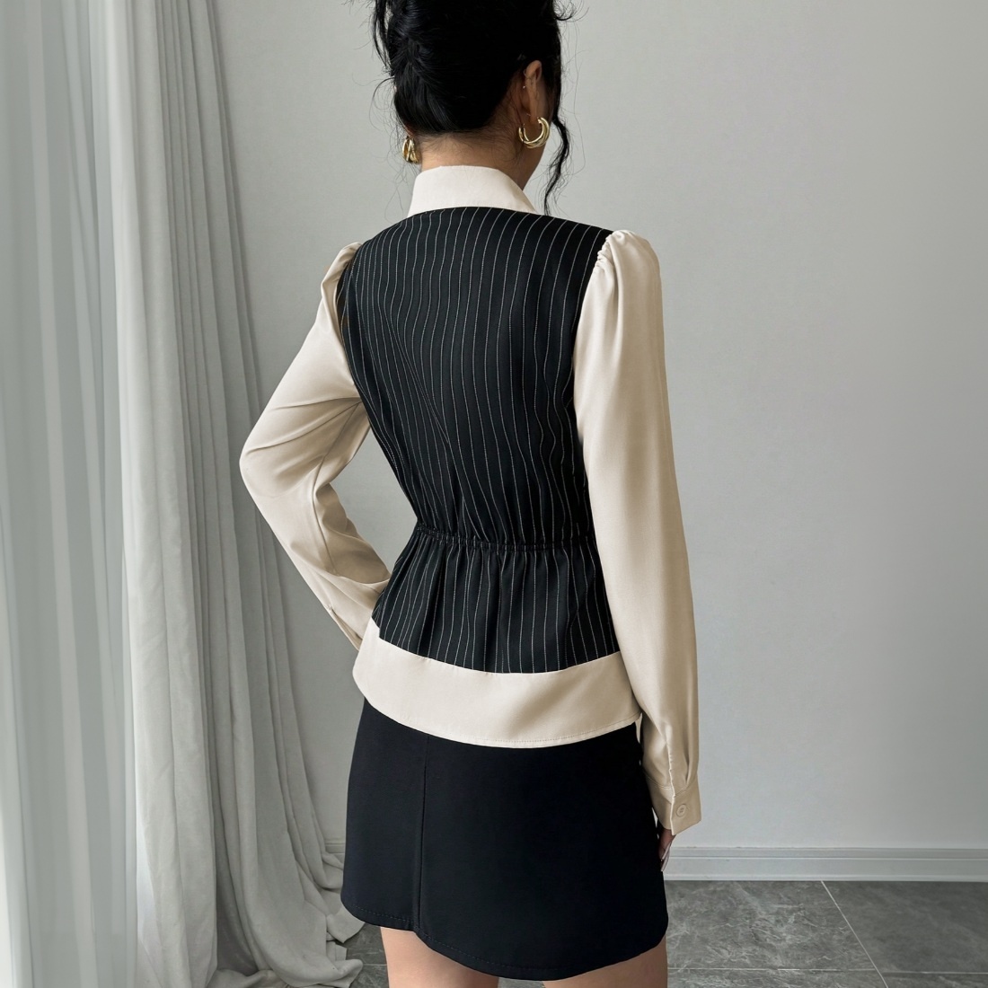 Woman's Black Pinstripe Vest & Cream Shirt Two-in-One Top