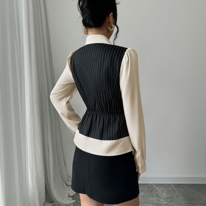 Woman's Black Pinstripe Vest & Cream Shirt Two-in-One Top