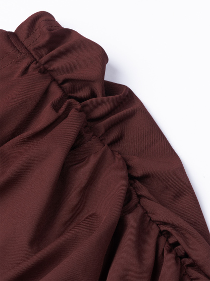 Brown pleated long-sleeved short-sleeved dress Sexy fitted round collar skirt