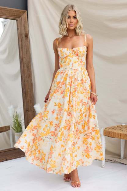 Women's Spaghetti Strap Floral Print Maxi Dress - Sweetheart Neck Corset Bodice A-Line Dress