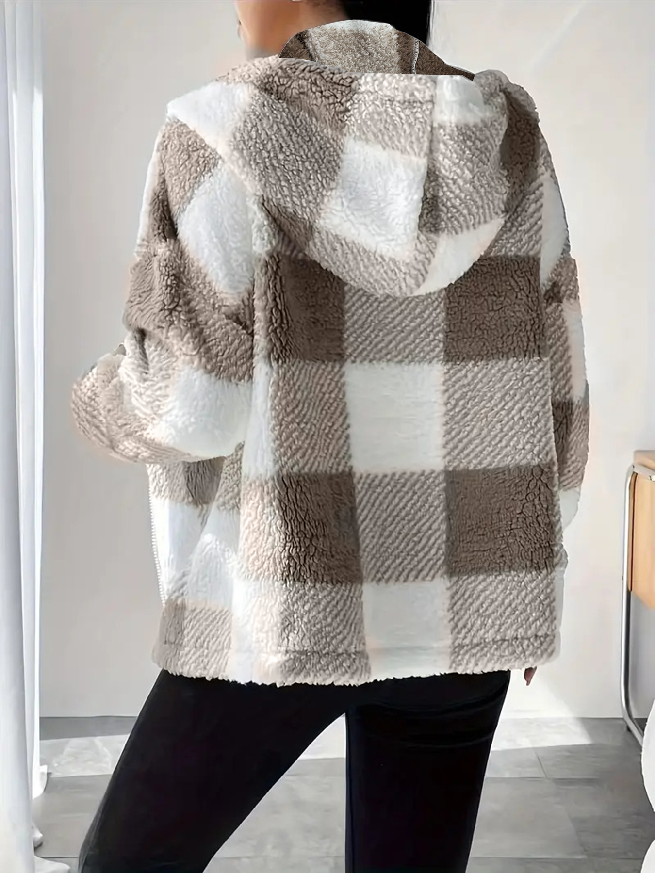 Women's Plaid Fuzzy Hooded Zip-Up Coat-Aegean-sea