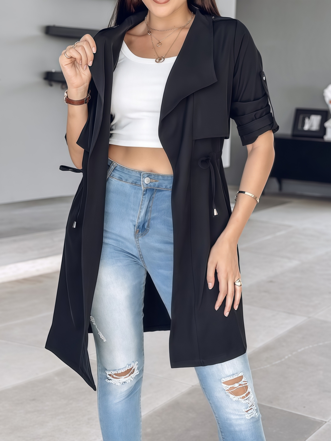  Woman's Black Mid-length Windbreaker Jacket-Aegean-sea