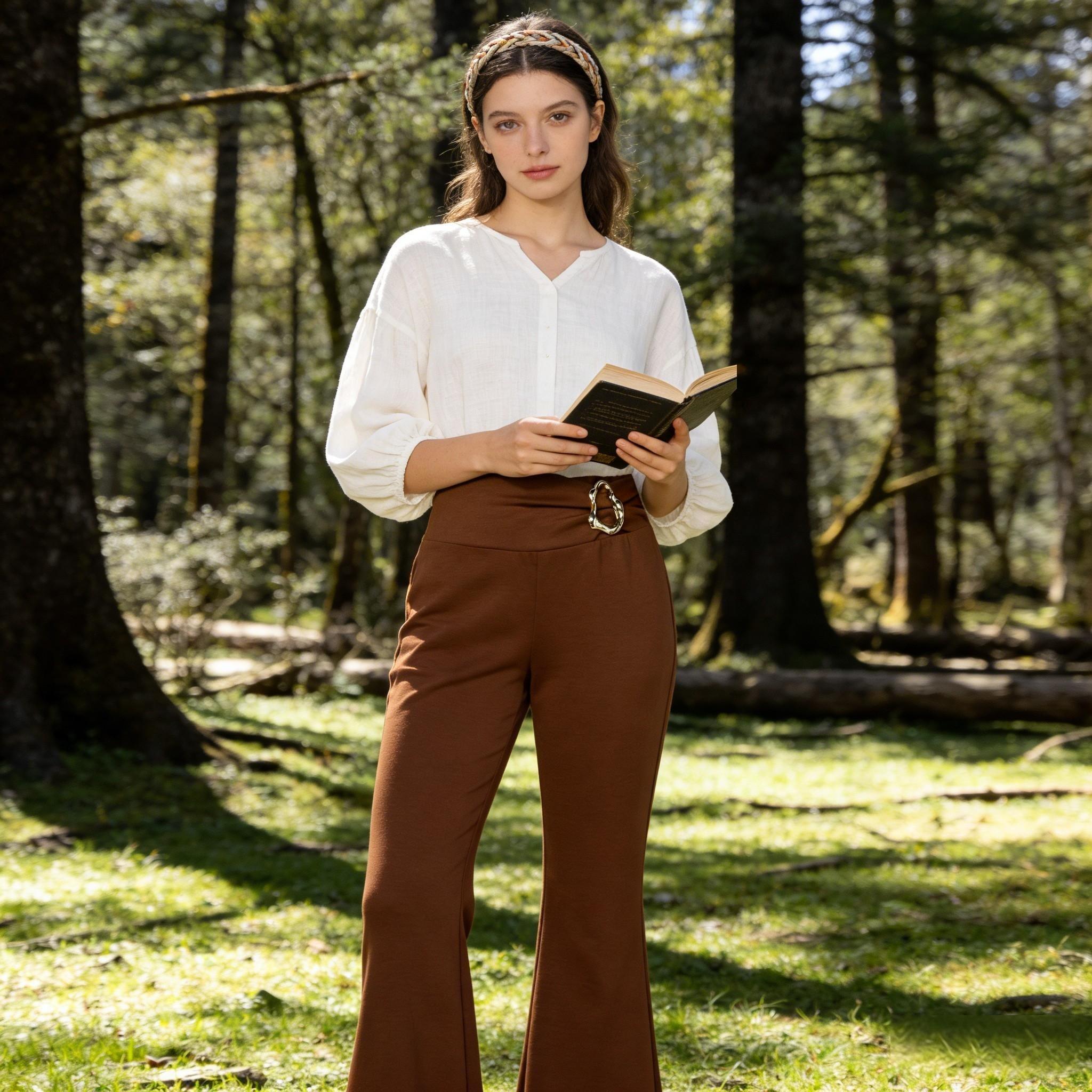 Caramel-brown metal high-waisted bell-bottomed pants slim-fit slim-fitted flared pants