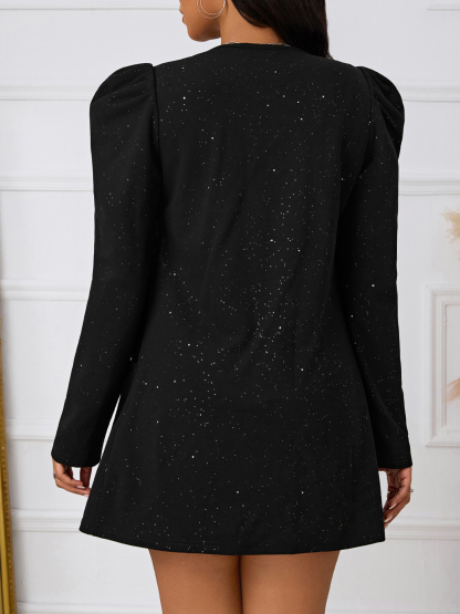 Bubble-Sleeved Suit Jacket Female Single-Colored Wave-Faced Cardigan Mid-length Daily Travel Date Leisure Loose Shirt-Aegean-sea