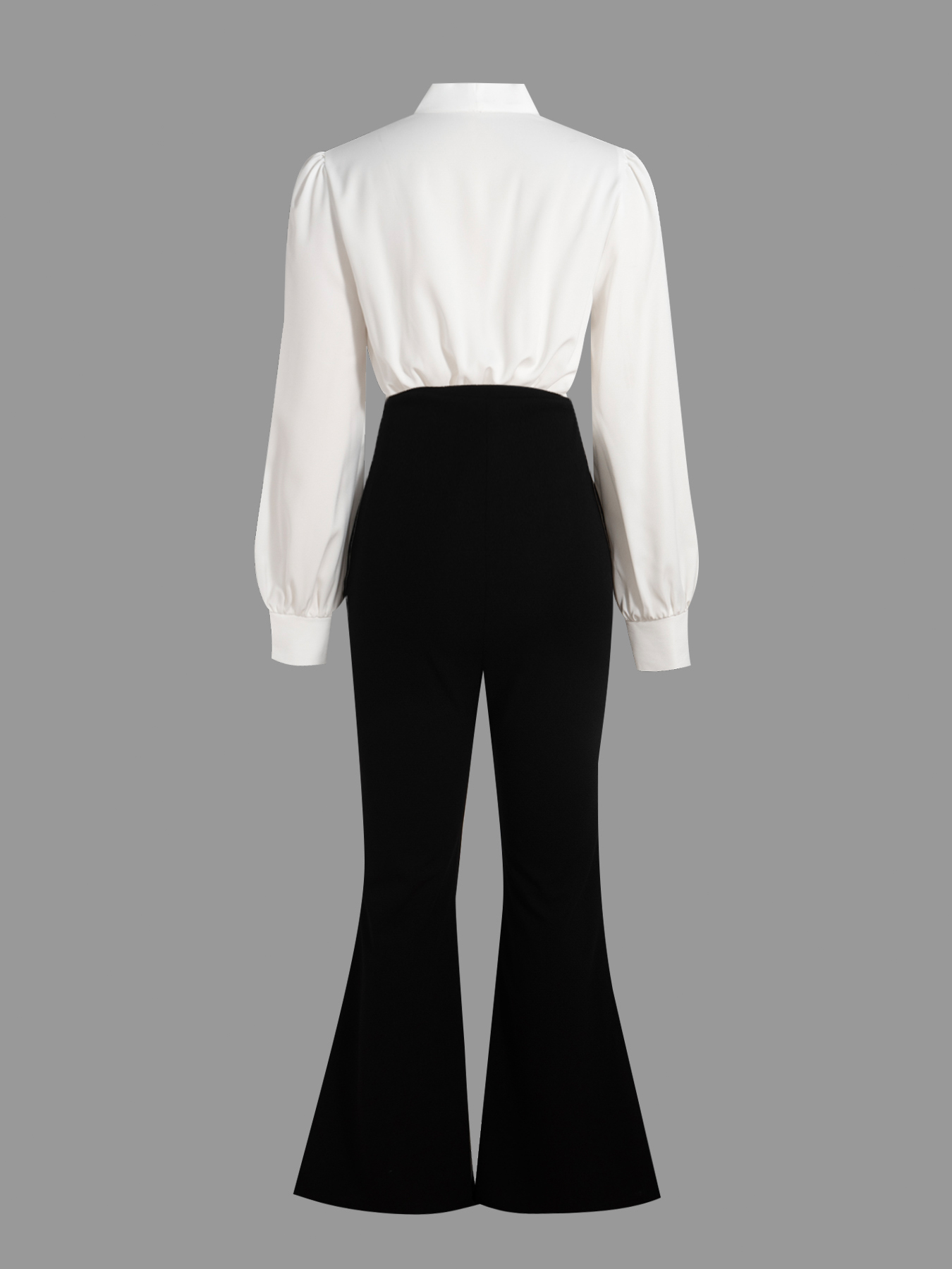 Woman's White Wrap Blouse & Black High-Waisted Flare Pants Two-Piece Set-Aegean-sea