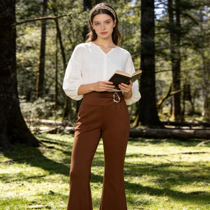 Caramel-brown metal high-waisted bell-bottomed pants slim-fit slim-fitted flared pants