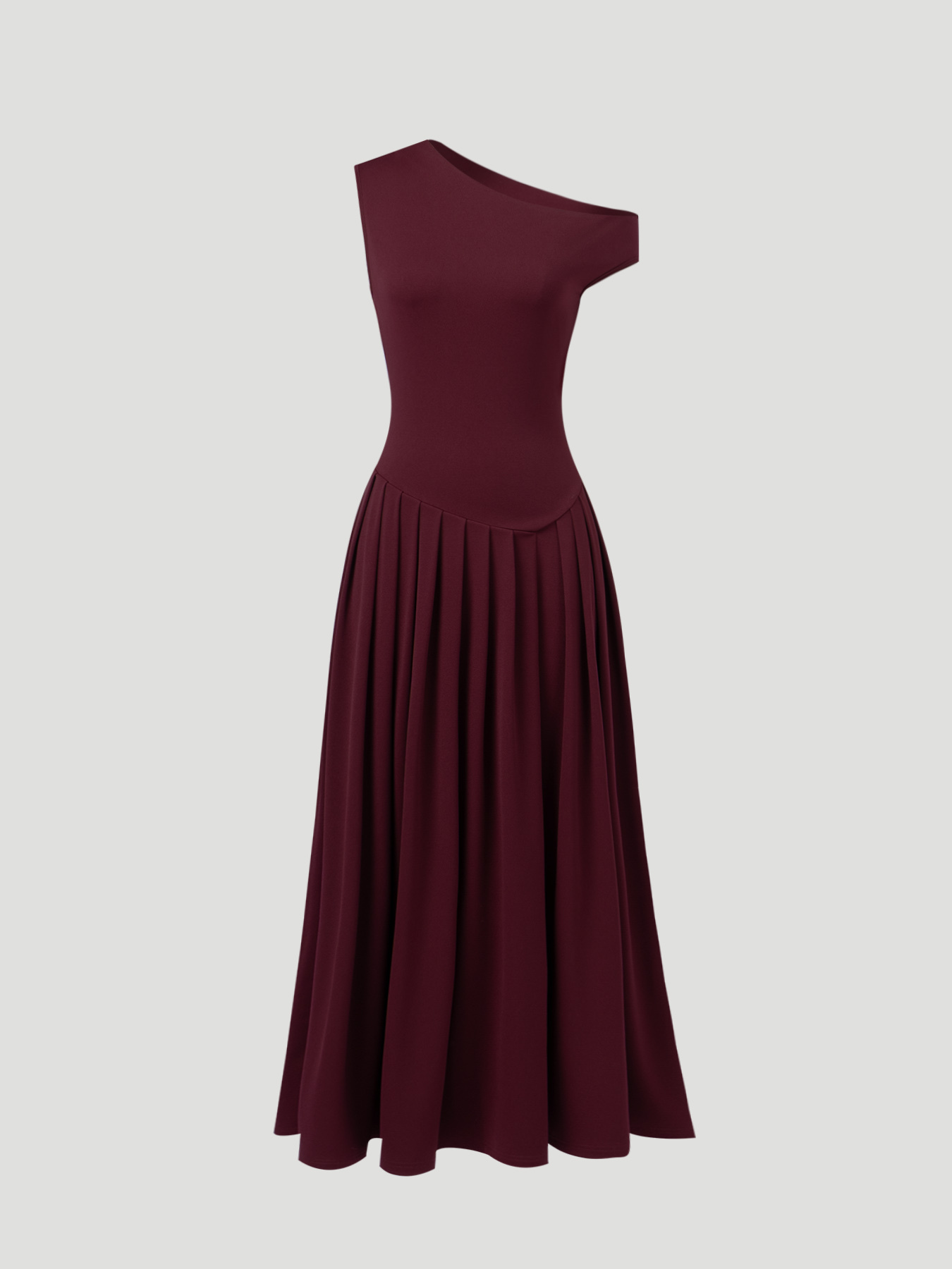 Wine-red slant-shouldered, wide-waisted long skirt, banquet-style body-fitting dress