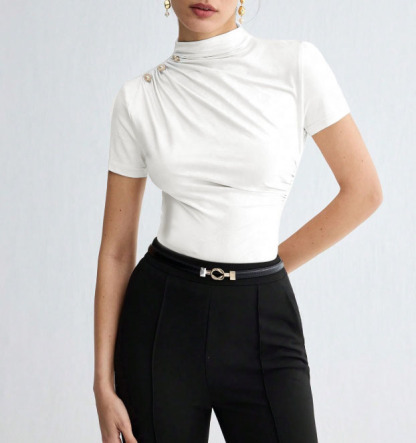 Woman's White Mock Neck Short Sleeve Pearl-Embellished Shoulder Fitted Top-Aegean-sea