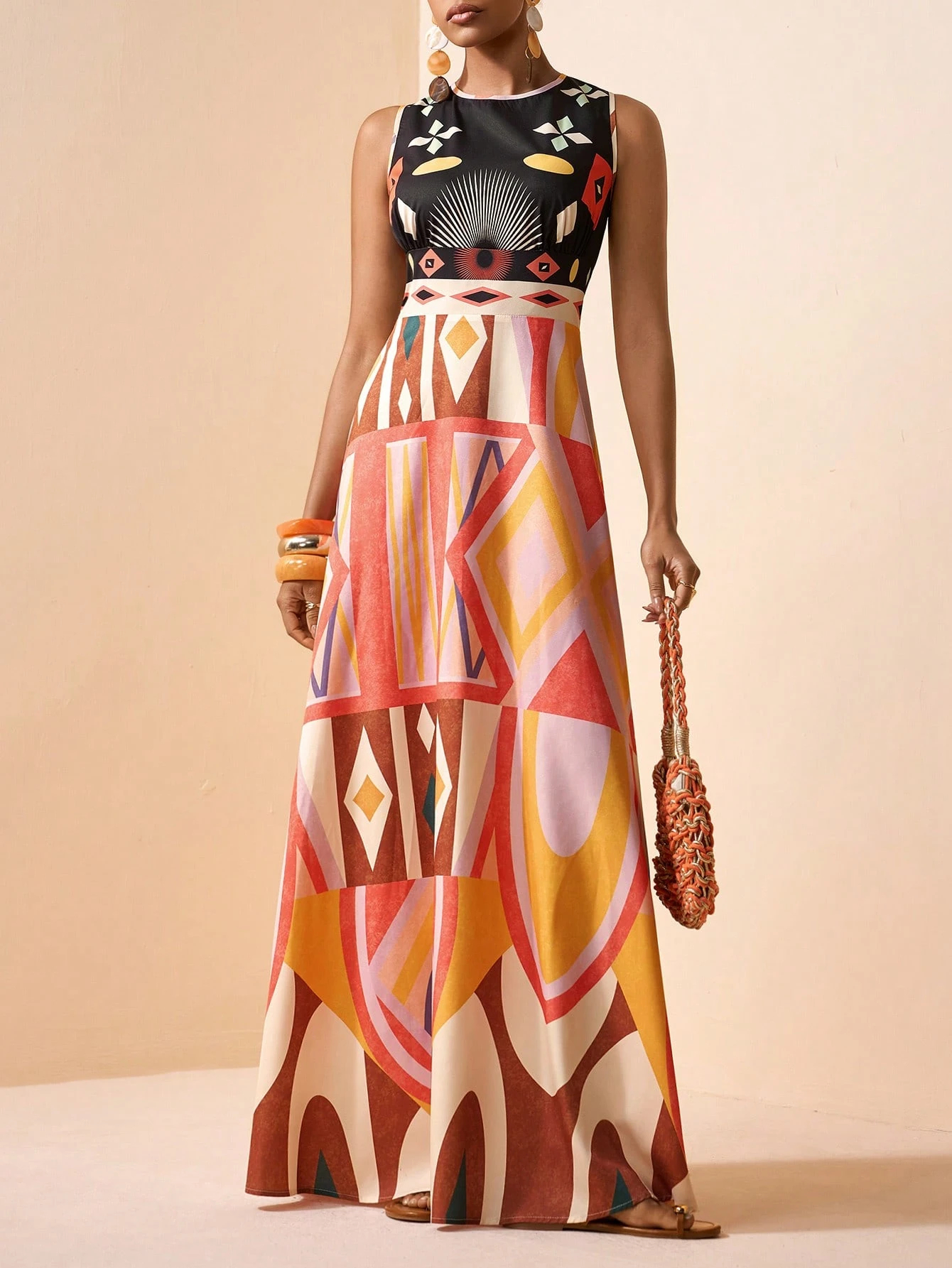 2026 Spring New Sleeveless Art Print Maxi Dress