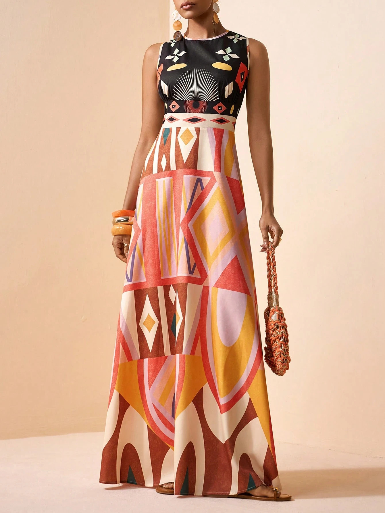 2026 Spring New Sleeveless Art Print Maxi Dress