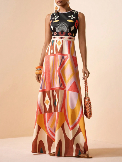 2026 Spring New Sleeveless Art Print Maxi Dress