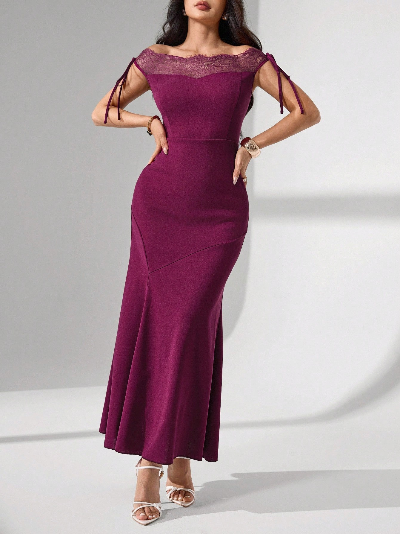 Woman's Plum Lace Off-Shoulder Tie-Detail Mermaid Maxi Dress
