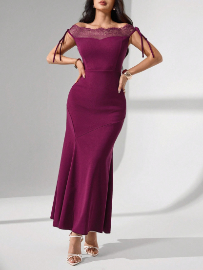 Woman's Plum Lace Off-Shoulder Tie-Detail Mermaid Maxi Dress