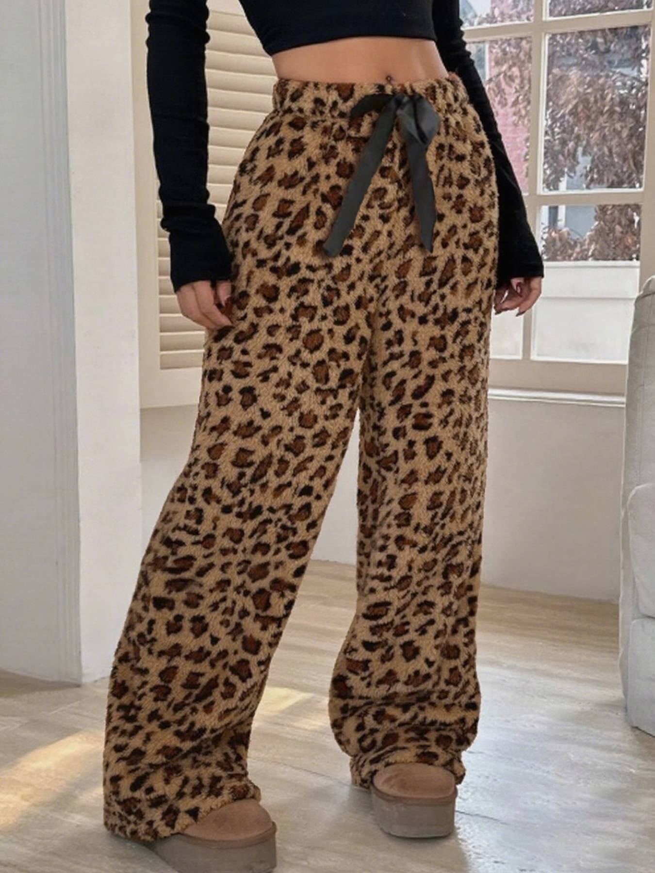 Pantalón de salón de piernas anchas con cordón y estampado de leopardo para mujer-Aegean-sea