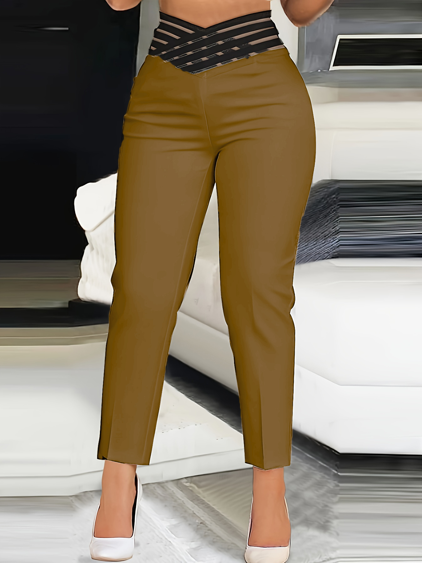 Women's High-Waisted Cropped Trousers with Mesh Detail-Aegean-sea