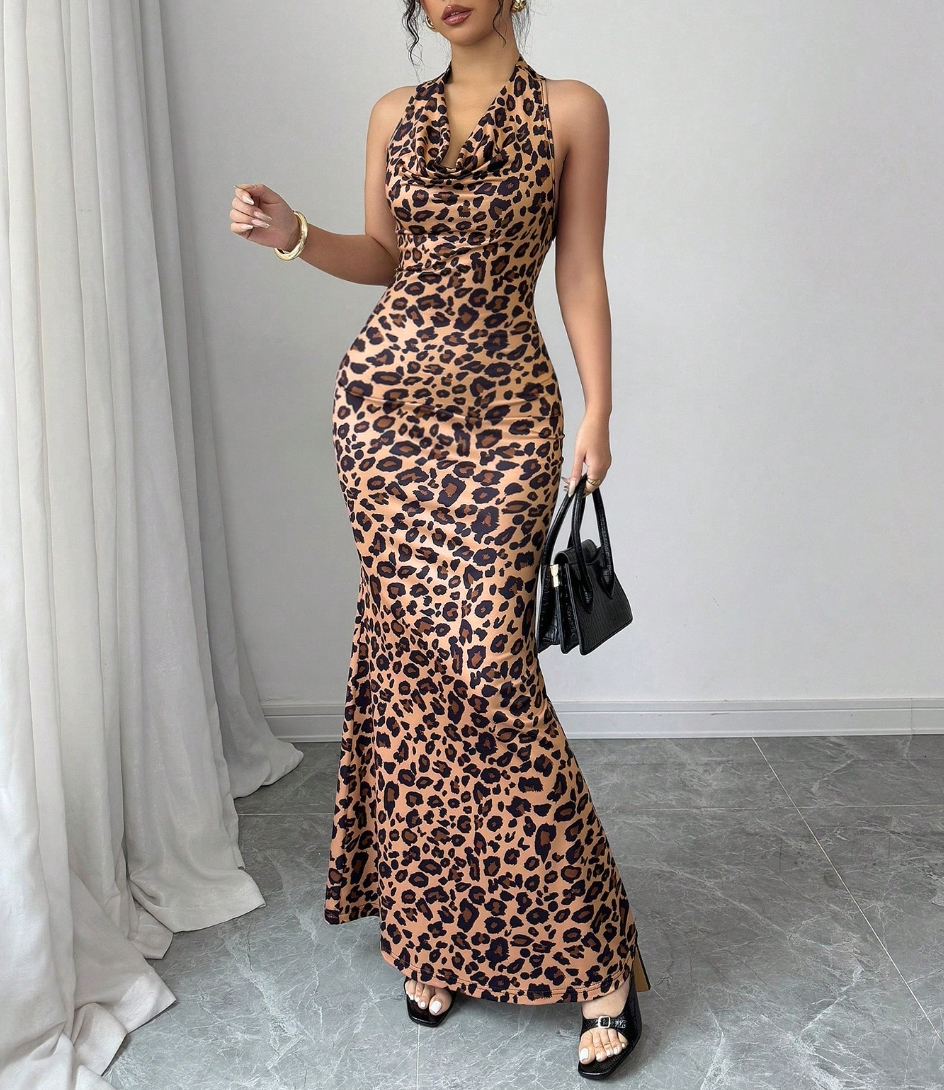 Vestido Maxi de sirena sin espalda con tirantes de estampado de leopardo salvaje vintage para mujer-Aegean-sea
