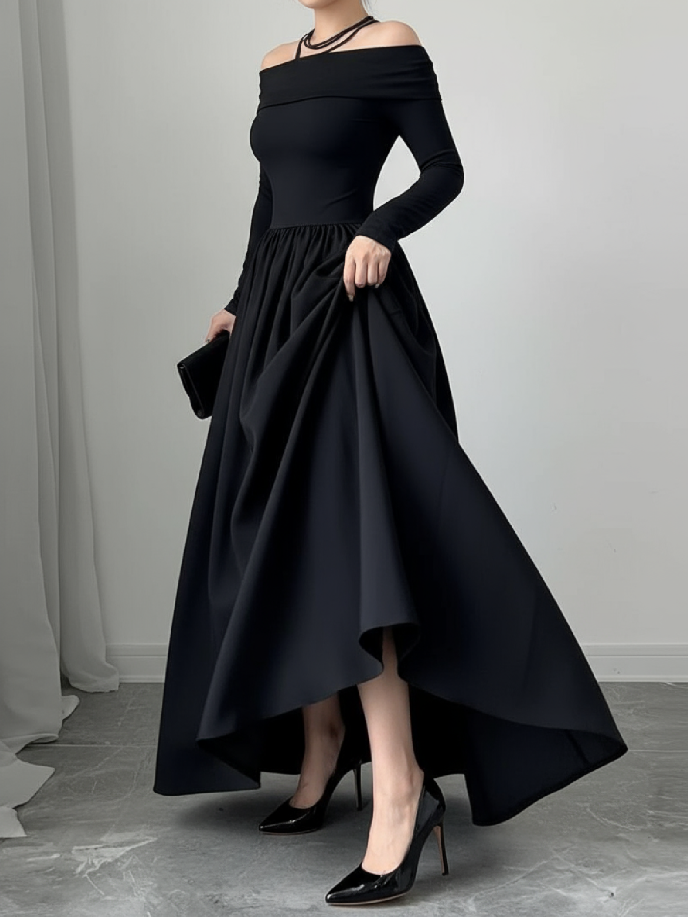 Woman's Black Off-the-Shoulder Long-Sleeve Maxi Dress with Full Skirt-Aegean-sea