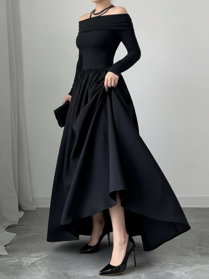Woman's Black Off-the-Shoulder Long-Sleeve Maxi Dress with Full Skirt-Aegean-sea