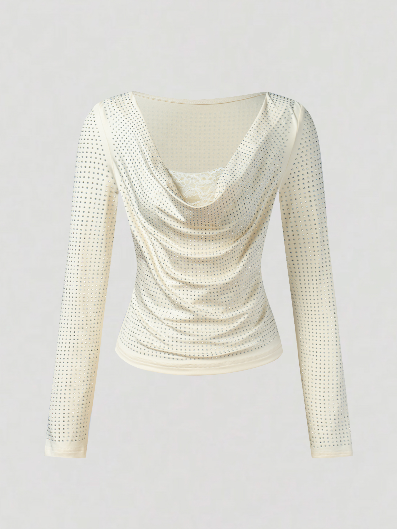 Woman's Cream Sequin Cowl Neck Long Sleeve Top with Lace Detail