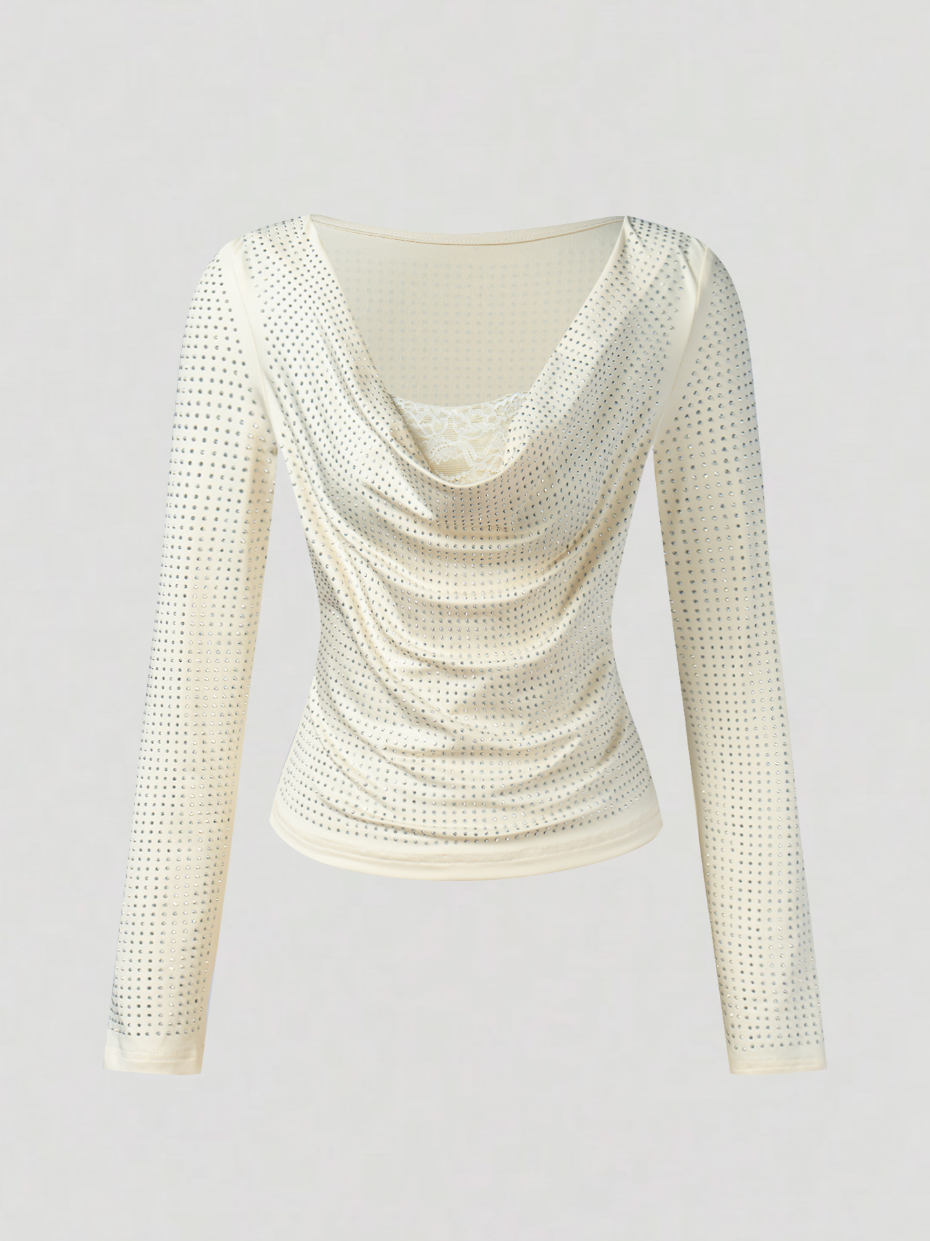 Woman's Cream Sequin Cowl Neck Long Sleeve Top with Lace Detail
