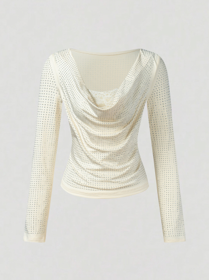 Woman's Cream Sequin Cowl Neck Long Sleeve Top with Lace Detail