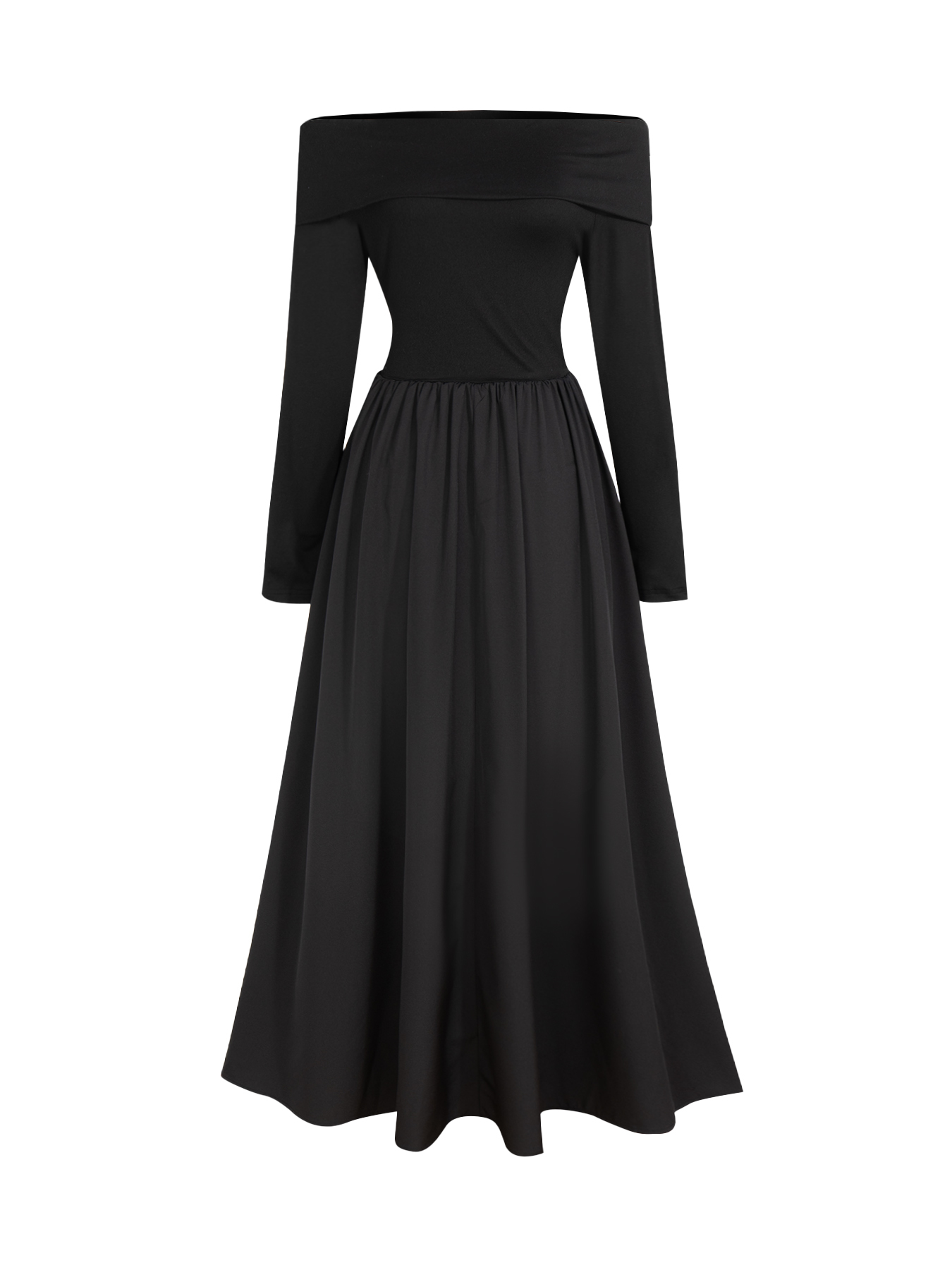 Woman's Black Off-the-Shoulder Long-Sleeve Maxi Dress with Full Skirt-Aegean-sea