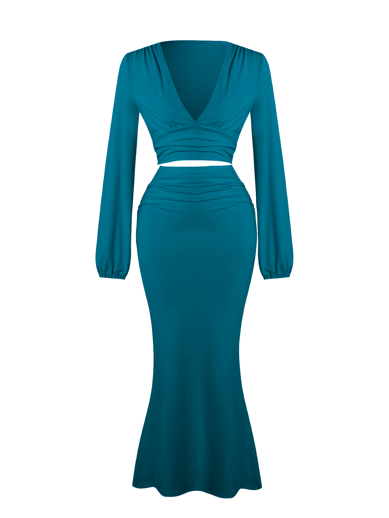 Woman's Deep V Crop Top & Mermaid Skirt Two-Piece Set