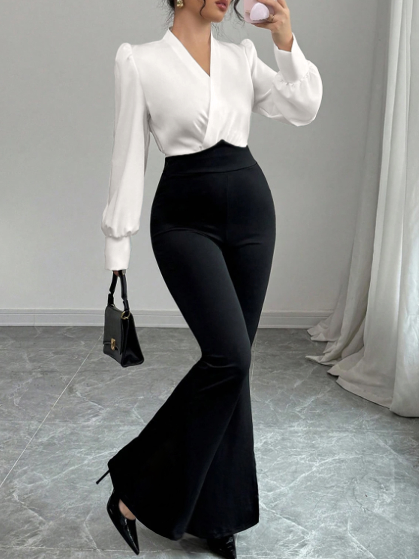 Woman's White Wrap Blouse & Black High-Waisted Flare Pants Two-Piece Set-Aegean-sea