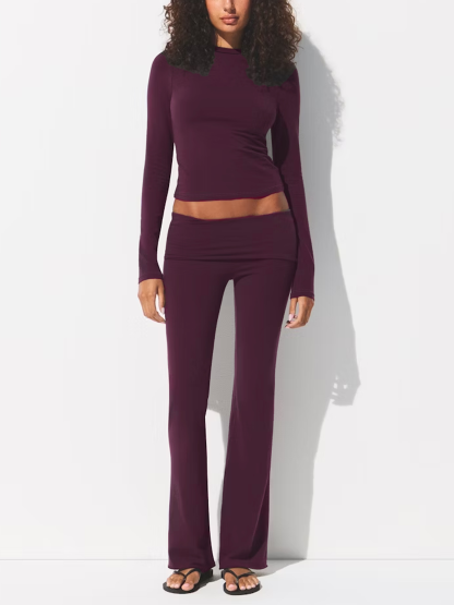 Women's Plum Long Sleeve Crew Neck Fitted Top-Aegean-sea