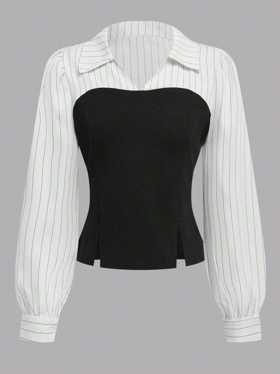 Woman's White Striped Sleeve Bustier Top & Black High-Waisted Flared Pants Two-Piece Set-Aegean-sea