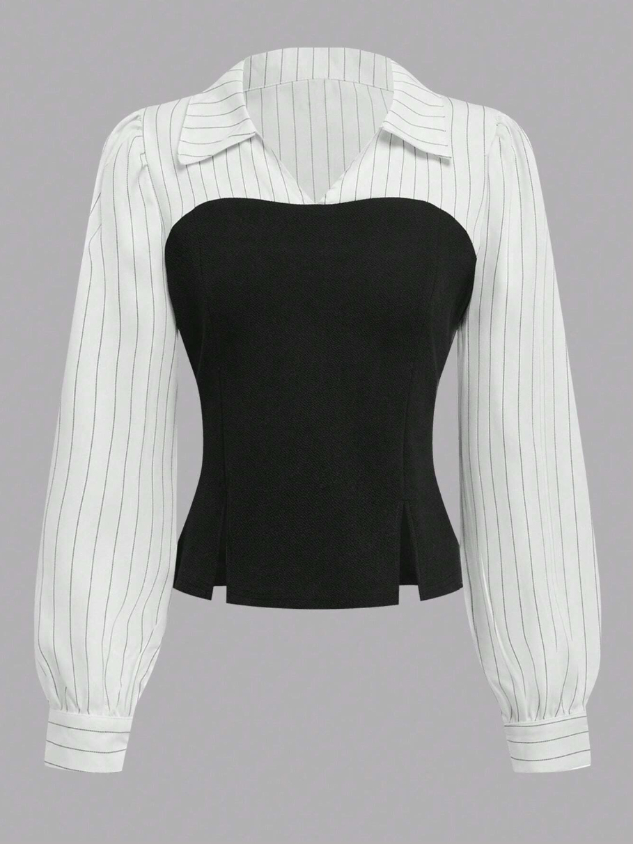 Woman's White Striped Sleeve Bustier Top & Black High-Waisted Flared Pants Two-Piece Set-Aegean-sea