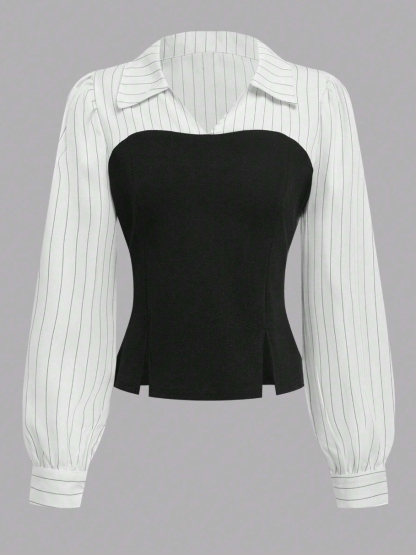 Woman's White Striped Sleeve Bustier Top & Black High-Waisted Flared Pants Two-Piece Set-Aegean-sea