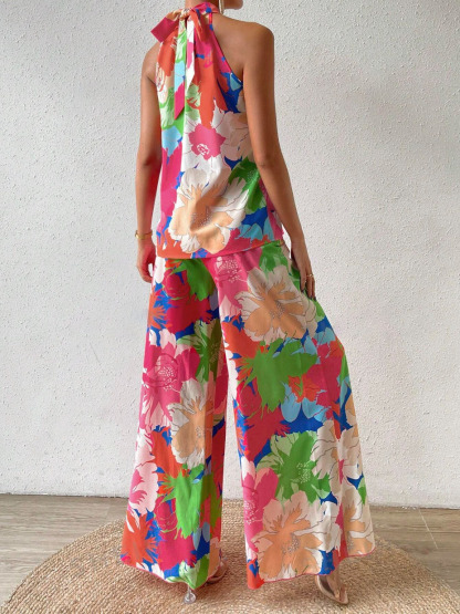 Flower-print floral neck-hanging suit, holiday wide-legged two-piece suit
