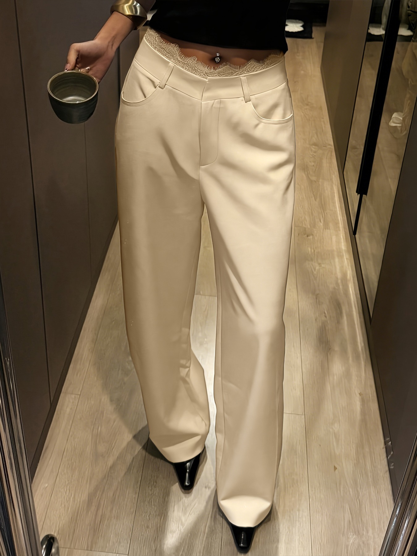 hot girl style high-waisted wide-legged pants. Lace-waisted work suit pants. Thin-looking charcoal-black pants.-Aegean-sea