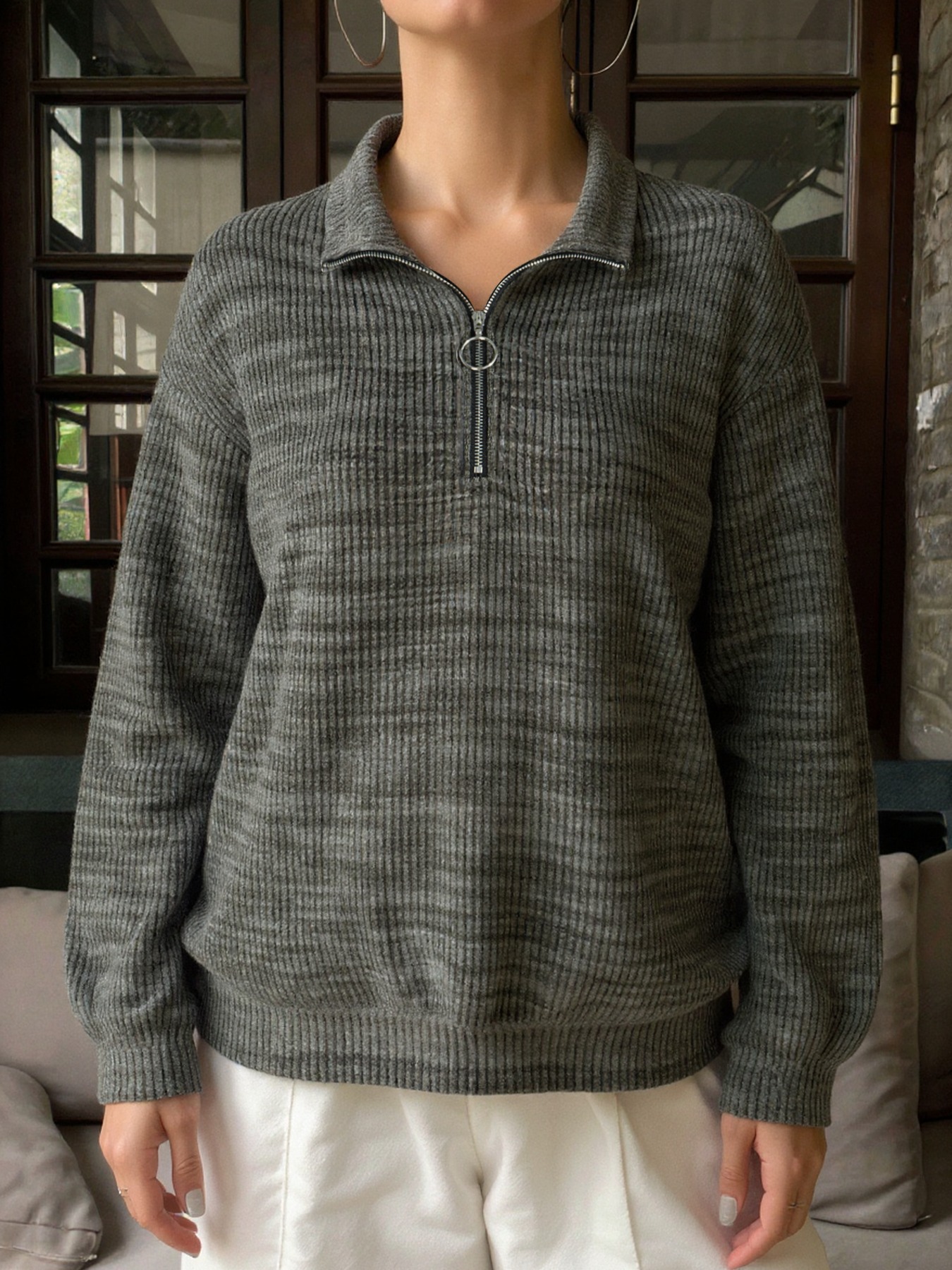 Gray Ribbed Half-Zip Polo Neck Knit Sweater-Aegean-sea