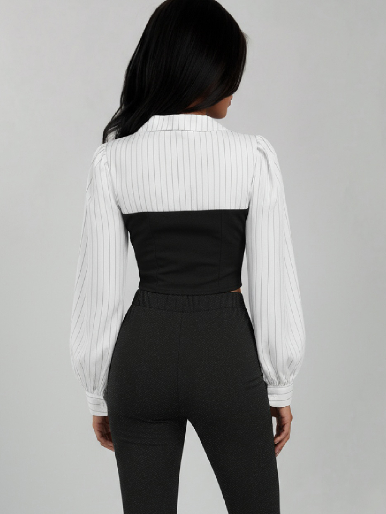 Woman's White Striped Sleeve Bustier Top & Black High-Waisted Flared Pants Two-Piece Set-Aegean-sea