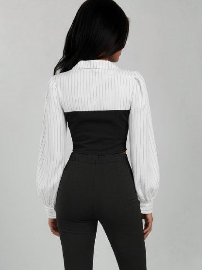 Woman's White Striped Sleeve Bustier Top & Black High-Waisted Flared Pants Two-Piece Set-Aegean-sea