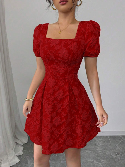Red square neck floral print puff sleeve dress