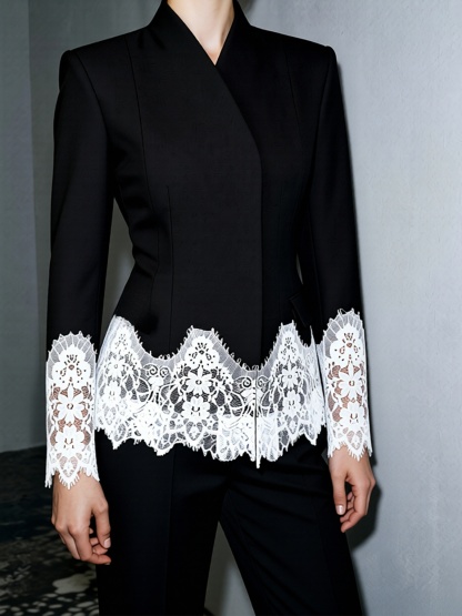 2026 Spring/Summer New Arrival: Elegant Commuter-Style Long-Sleeved Slim-Fit Stand Collar Lace-Trimmed Color-Blocked Blazer
