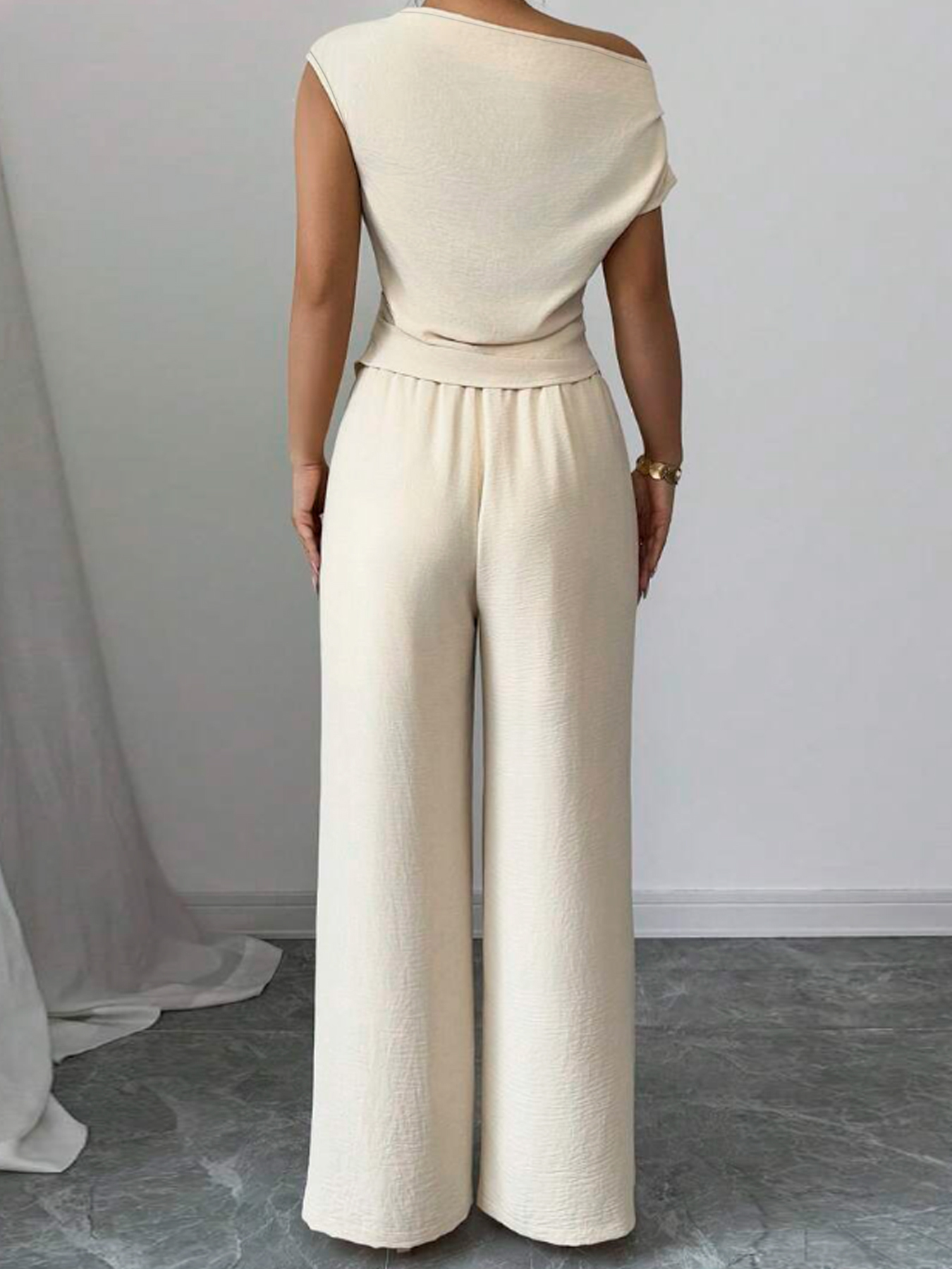 Women's One Shoulder Wrap Top & High Waisted Wide Leg Pants Two-Piece Set