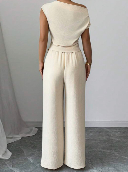 Women's One Shoulder Wrap Top & High Waisted Wide Leg Pants Two-Piece Set