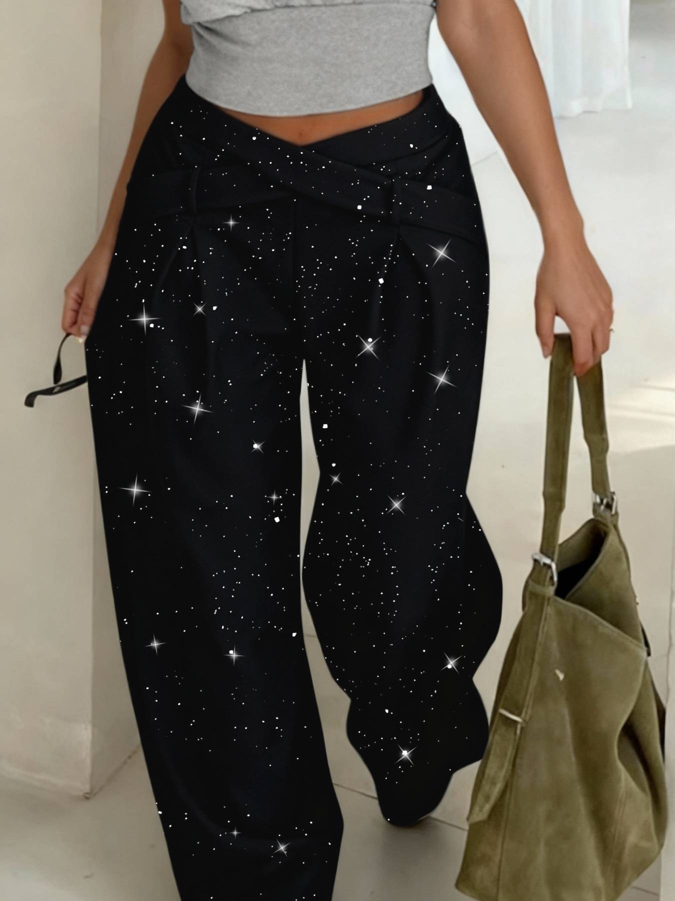 2026 Spring New Sequin Embellished Wide Leg Trousers