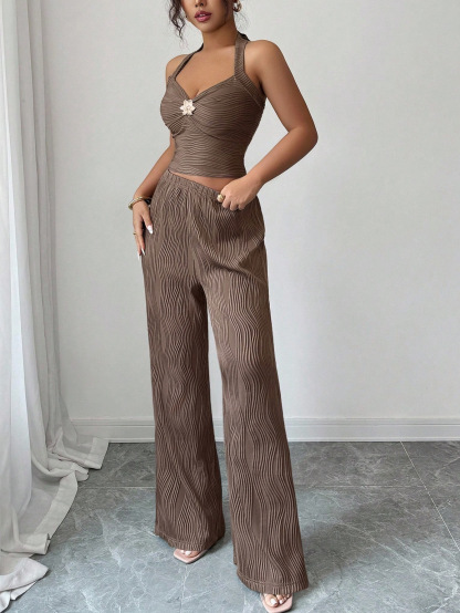 Brown Water Ripple Pattern Chest-Hanging Wide-Leg Set
