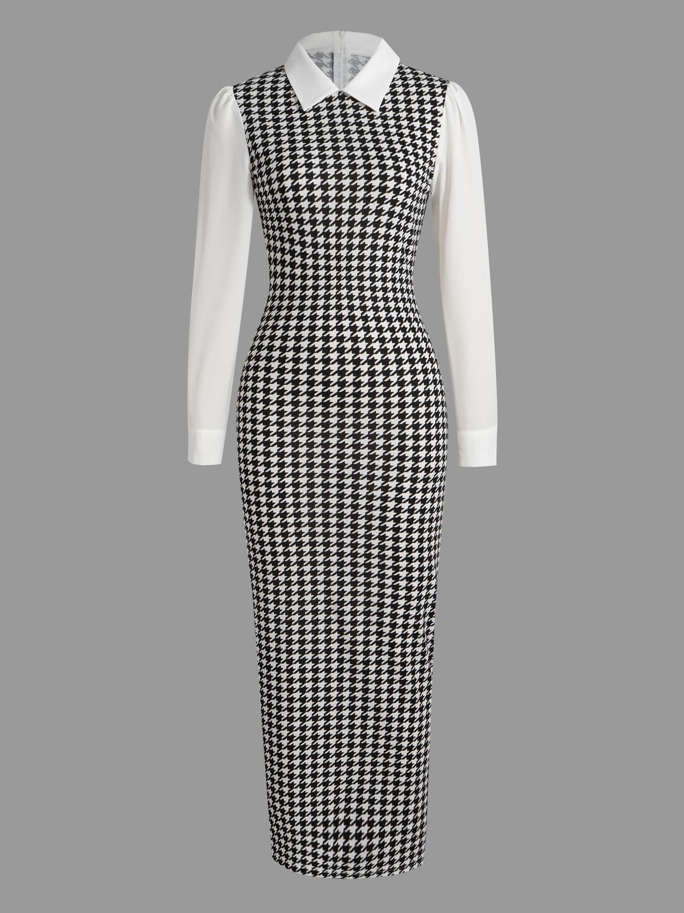 Woman's Black & White Houndstooth Two-In-One Dress | White Shirt Collar Puff Sleeve Fitted Maxi Office Dress-Aegean-sea
