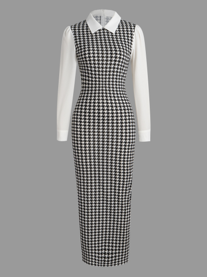 Woman's Black & White Houndstooth Two-In-One Dress | White Shirt Collar Puff Sleeve Fitted Maxi Office Dress-Aegean-sea