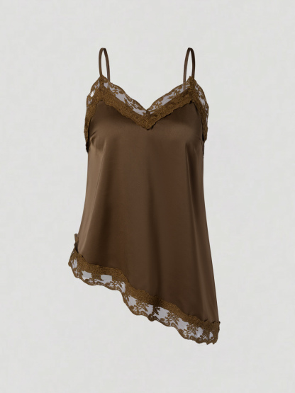 2026 Spring/Summer New Style Elegant Satin Lace Splicing Asymmetric Camisole Top