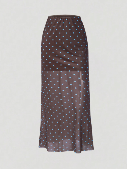 Brown-Wave Dot Perspective Pairing Half-length Skirt for Women High-Waisted Sleight-of-Way Popped Fish Tail Long Skirt