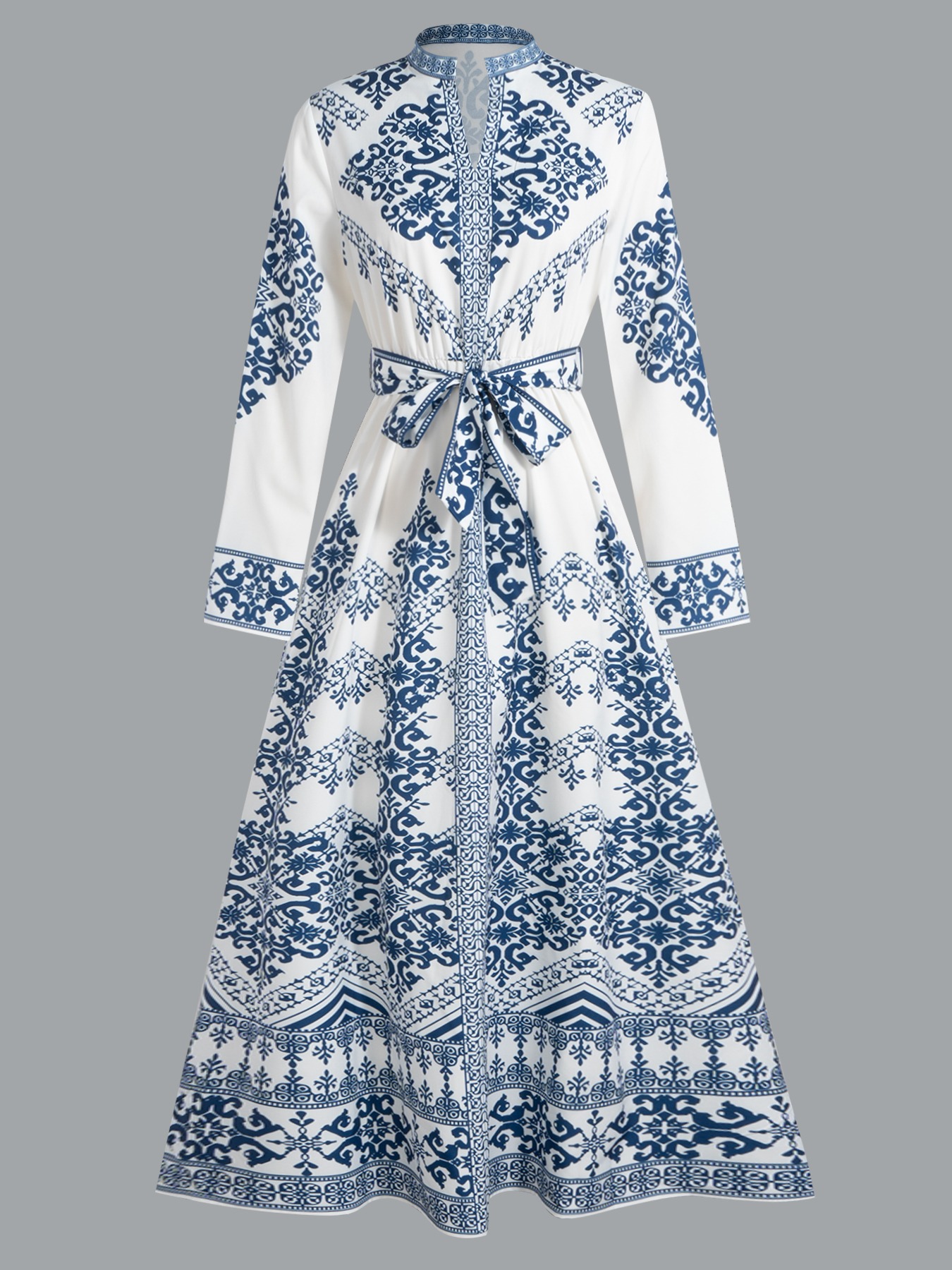 Tsinghua porcelain positioned floral print dress Standing collar with waist tie Long skirt with wide hem